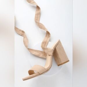 EUC•Lulus Alta Light Nude Suede Lace-Up Heels•3.75 Wrapped Heel•Shoe Size 6.5
